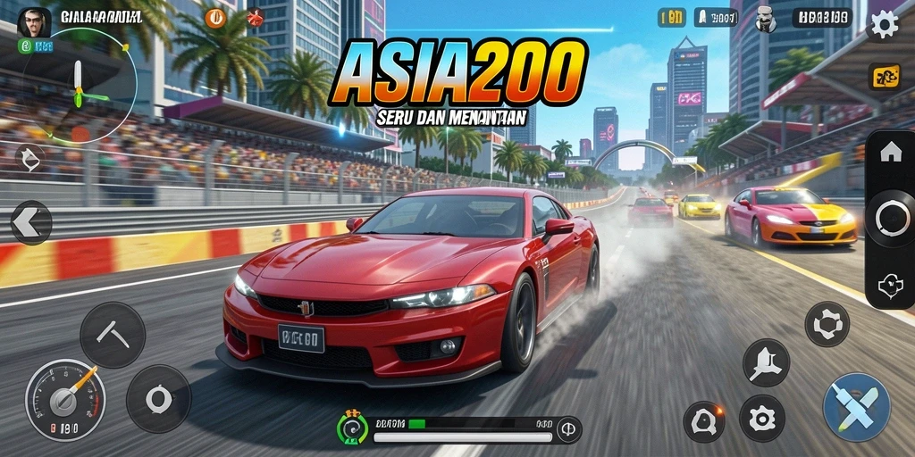 Screenshot utama ASIA200 menampilkan aksi balapan mobil yang seru.