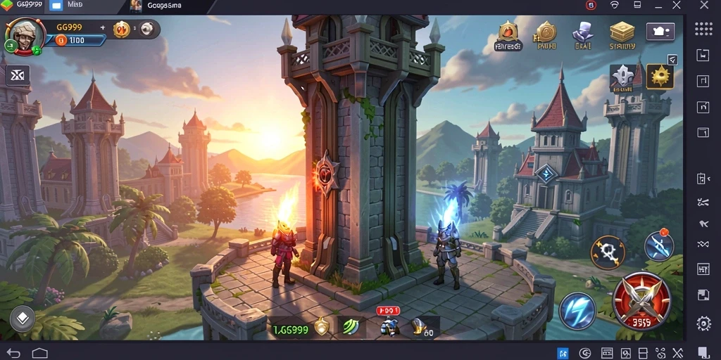 Tampilan gameplay GG999 dengan strategi menara yang menantang.