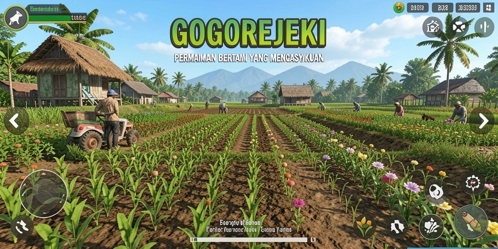 Screenshot gameplay GOGOREJEKI menampilkan ladang yang subur dan hewan peliharaan.