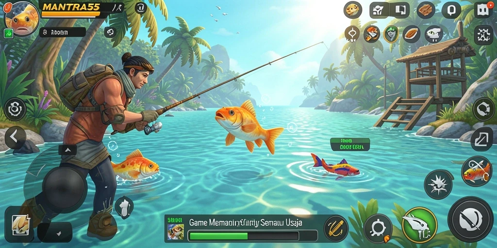 Tampilan gameplay seru di MANTRA55 saat memancing ikan besar.