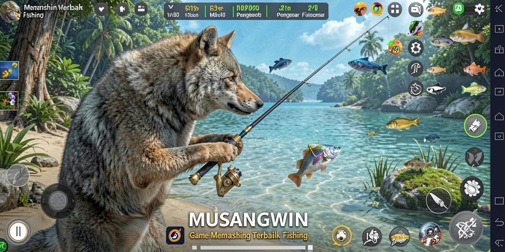 Screenshot menunjukkan pemain menangkap ikan di lokasi indah.