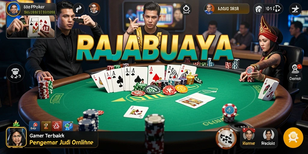 Screenshot utama gameplay Poker RAJABUAYA, menampilkan suasana meja permainan.