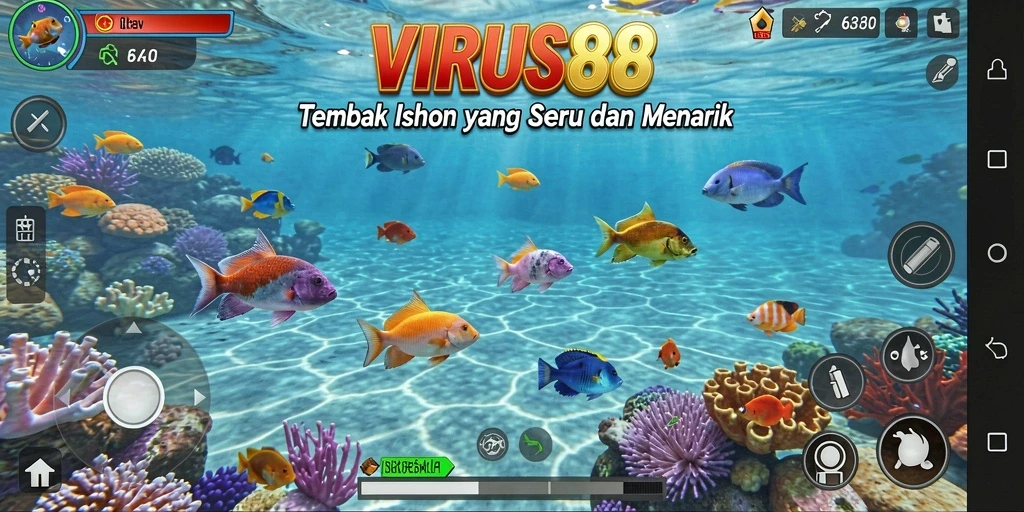 Screenshot gameplay VIRUS88 yang menampilkan aksi menembak ikan.